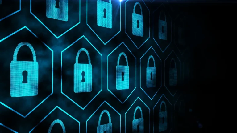 Digital illustration of glowing blue padlock icons arranged in a grid on a dark background, symbolizing cybersecurity and data protection.