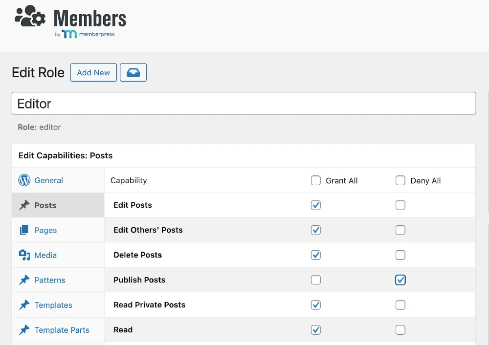 Memberpress plugin settings showing toggling Grant All and Deny All for certain capabilities.