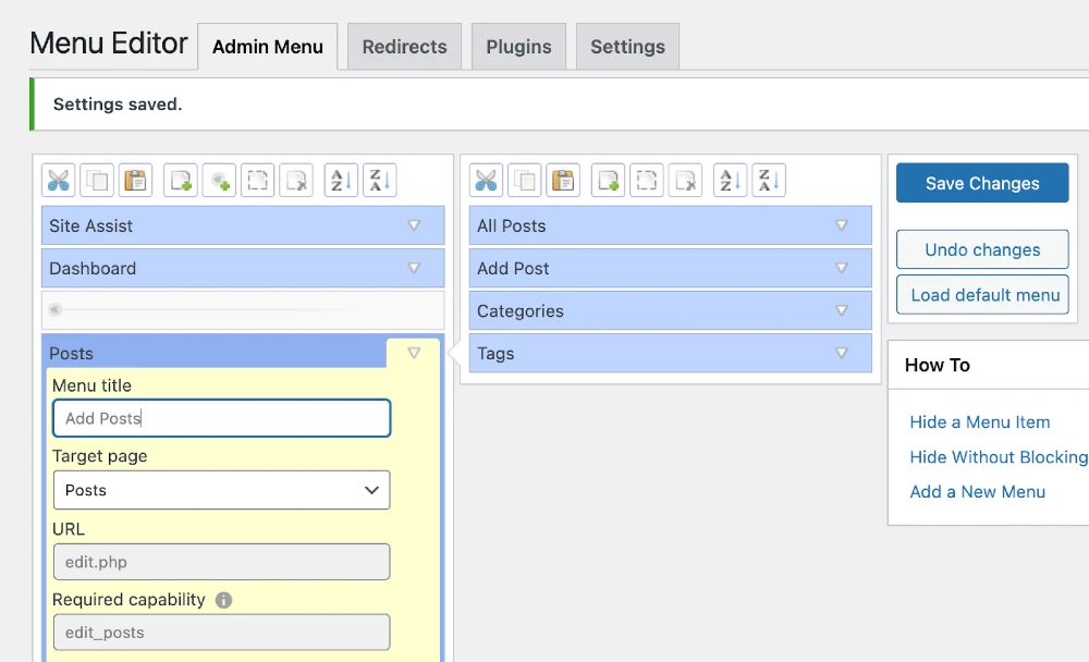 Screenshot of the Admin Menu Editor plugin showing how to change menu titles.