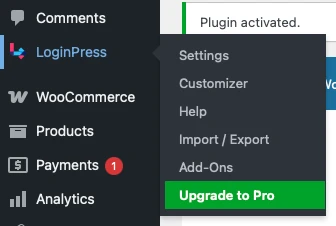 The LoginPress menu item selected.