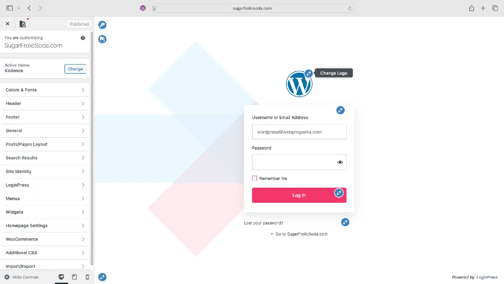 A screenshot of the Customizer and a custom version of the login screen