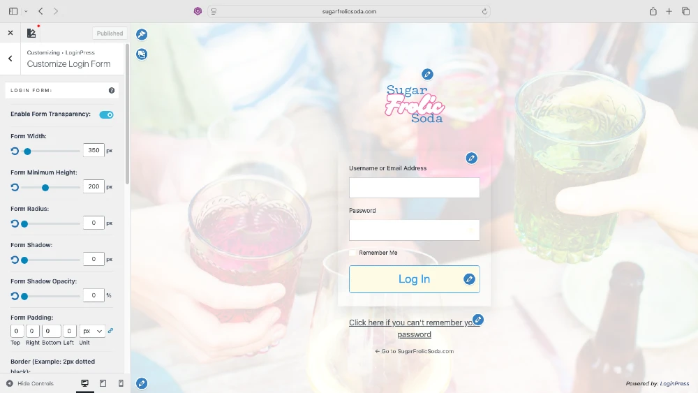 A screenshot of the Customizer and a custom designed version of the login screen