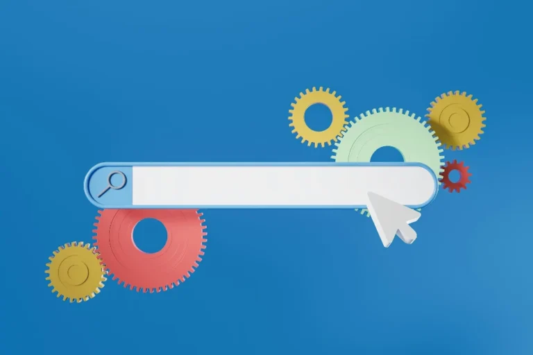 Blue background with a search bar in the middle and brightly colored gears of various sizes behind it.