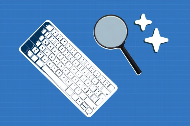 Blue background with a drawing of a computer keyboard, magnifying glass and decorative sparkles.