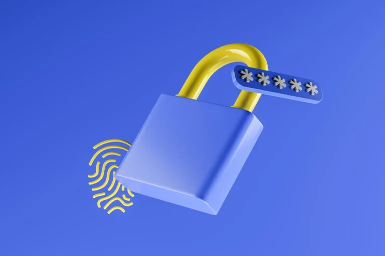 image of a padlock on a blue background with a fingerprint next to it, symbolizing security.